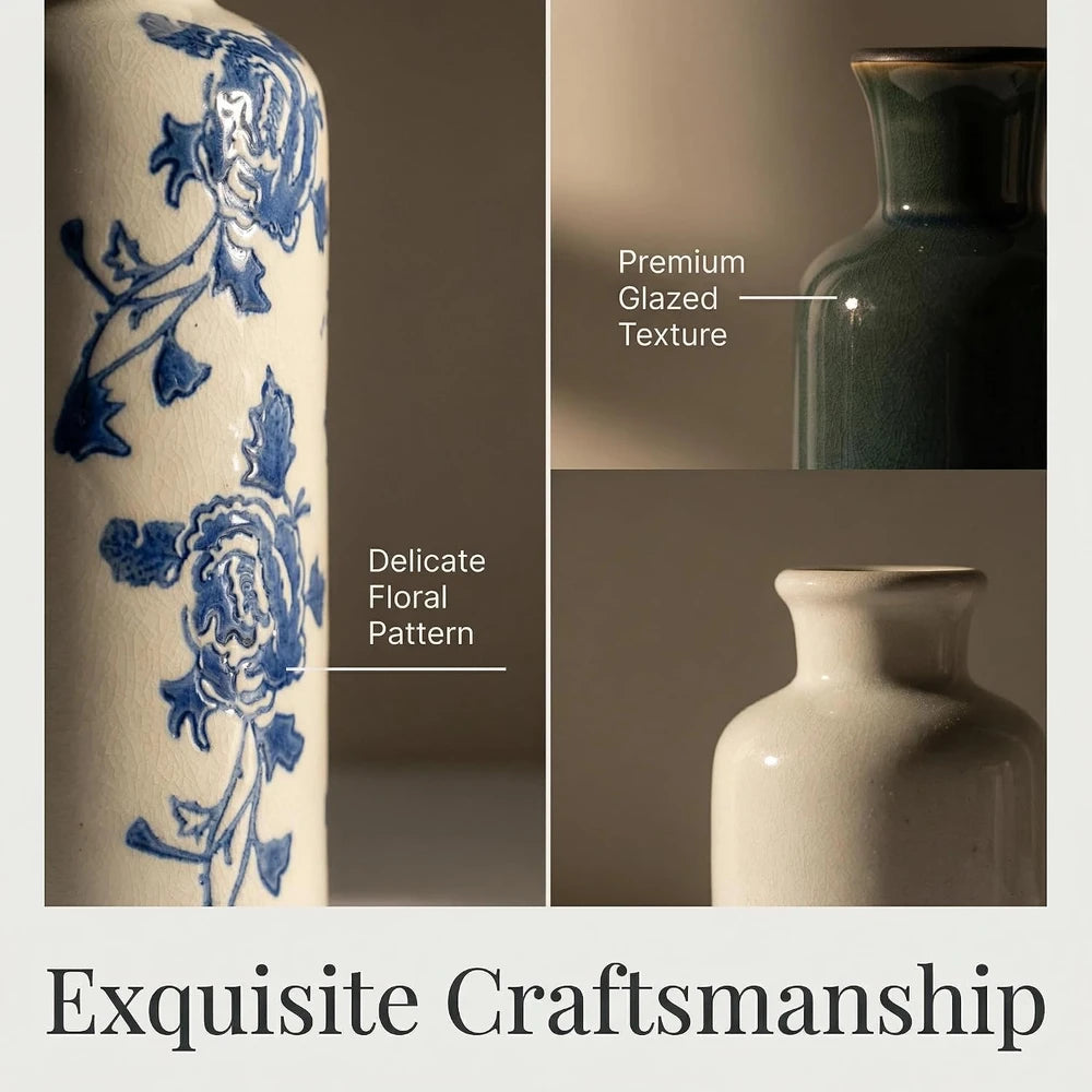 Ceramic Blue and White Chinoiserie Vase Set